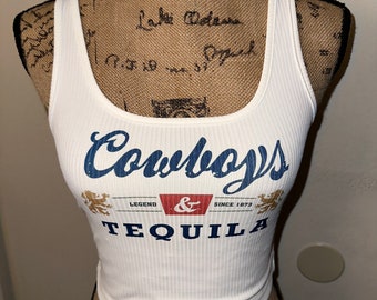 Cowboys and tequila shirt, beer tank top, white summer crop top, country concert outfit, coors tshirt