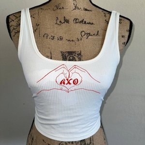 CUSTOMIZABLE hand making a heart sorority white summer crop top, bachelorette parties, Greek life, tank top, vintage baby tee