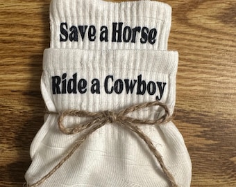 Save a Horse Ride a Cowboy white ankle high socks, country concert outfit, western socks, gifts for her, women’s socks