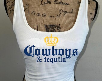 Cowboys and Tequila Parody Shirt, western wear, country concert outfit, white summer crop top featuring a crown, cowgirls