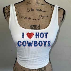 I love Hot Cowboys shirt, vintage tank top, white summer crop top, country concert outfit, I heart cowboys