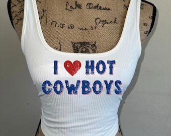 I love Hot Cowboys shirt, vintage tank top, white summer crop top, country concert outfit, I heart cowboys