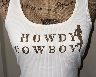 Howdy Cowboy Crop Tank Top: White Western Cowgirl Shirt