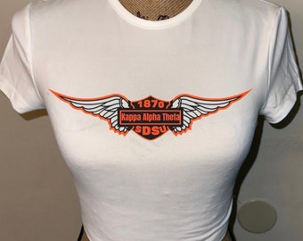 Motard PERSONNALISABLE Angel ailes sororité blanc crop top d’été, enterrements de vie de jeune fille, vie grecque, débardeur, tee-shirt bébé vintage