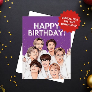 Design de cartão de aniversário BTS, download digital, cartão de felicitações para impressão