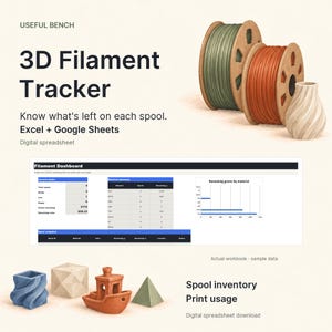 May include: A digital 3D Filament Tracker spreadsheet for Excel and Google Sheets. The image displays text reading Useful Bench, 3D Filament Tracker, Know what's left on each spool, Excel + Google Sheets, and a Filament Dashboard with charts.