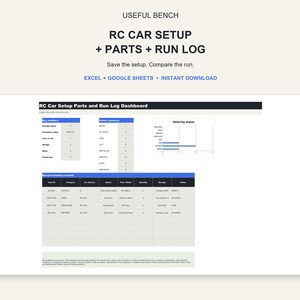 Installationsblad och reservdelsinventering för radiostyrda bilar | Körlogg | Excel Google Sheets