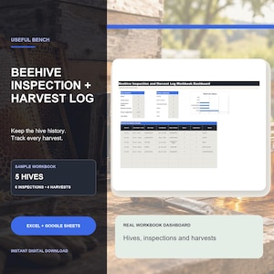 May include: A digital Beehive Inspection and Harvest Log workbook dashboard for Excel and Google Sheets. The interface displays tables for hive status, inventory records, and a bar chart for items by status, with text reading Beehive Inspection and Harvest Log.