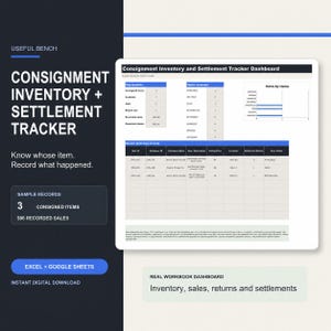 Consignment Inventory and Settlement Tracker | Sales Returns Payout Log | Excel Google Sheets