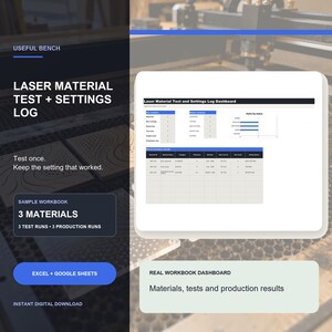 May include: A digital laser material test and settings log dashboard workbook for Excel and Google Sheets. The interface displays a Laser Material Test and Settings Log Dashboard with tables, status summaries, and a bar chart for tracking test runs.