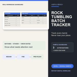 May include: A digital rock tumbling batch tracker dashboard featuring a table with current status and stage summary, text reading 'ROCK TUMBLING BATCH TRACKER', 'Know what needs attention next', and a sample dashboard showing 3 active batches.