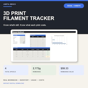 3D Print Filament Tracker | Inventory Spreadsheet, Cost Calculator (Excel, Google Sheets)