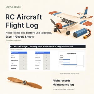 Peut inclure: Un journal de vol numérique pour aéronefs RC, compatible avec Excel et Google Sheets. L'image montre un modèle réduit d'avion, une batterie, une hélice en bois et un tableau de bord affichant les données de vol, batterie et maintenance.