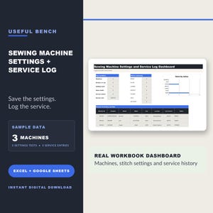 Sewing Machine Settings and Service Log | Stitch Test Tracker | Excel Google Sheets