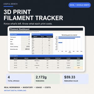 May include: A digital 3D print filament tracker spreadsheet for Excel and Google Sheets. The interface displays a filament dashboard with material summaries, a bar chart of remaining grams, and a spool snapshot table showing ID, material, color, and status.