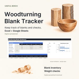 May include: A digital Woodturning Blank Tracker spreadsheet for Excel and Google Sheets. The graphic features two cylindrical wood logs, a wooden bowl, and wood shavings. It displays a Woodturning Blank Dashboard with tables and charts.