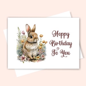 Cartão de aniversário de coelhinho para impressão, cartão de aniversário de coelhinho, cartão de coelhinho dobrado para criança
