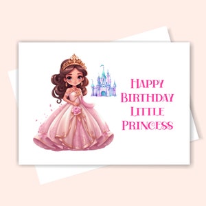 Prinzessin Geburtstagskarte, kleine Prinzessin Geburtstagskarte, braunhaarige Prinzessin mit rosa Kleid