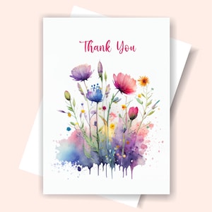 Printable Thank You Wildflower Card, Thank You Card with Watercolor Flowers, 2 sizes
