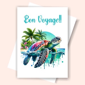 Biglietto Bon Voyage stampabile, Biglietto tartaruga acquerello, Biglietto piegato per vacanze colorate, Biglietto per crociera