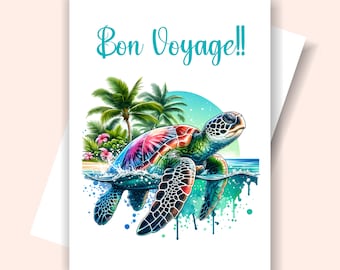 Printable Bon Voyage Card, Watercolor Turtle Card, Colorful Vacation Folded Card, Going on Cruise Card