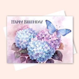 Carte d'anniversaire papillon imprimable, carte papillon hortensia, carte papillon bleu avec des fleurs