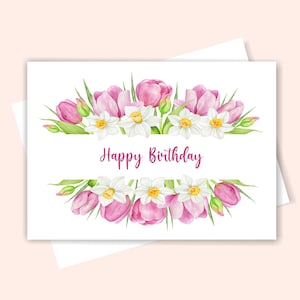 Printable Happy Birthday Card With Tulips, Birthday Card With Pink Flowers