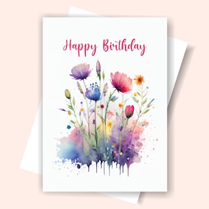 Carte de joyeux anniversaire aquarelle imprimable, carte d'anniversaire numérique fleur, 4 x 6 et 5 x 7