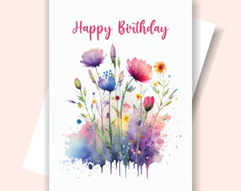 Biglietto di auguri di buon compleanno con fiori acquerellati stampabile, biglietto di auguri digitale con fiori, 4 x 6 e 5 x 7