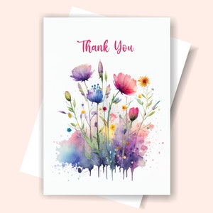 Printable Thank You Wildflower Card, Thank You Card with Watercolor Flowers