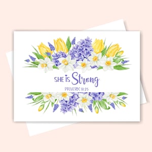 Printable Proverbs 31 Card, Virtuous Woman Card with Flowers, Woman Of God Folded Card, She Is Strong Card