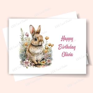 Carte d'anniversaire de lapin personnalisée, carte d'anniversaire de lapin imprimable, carte de lapin personnalisée avec nom