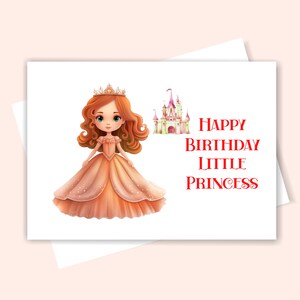 Druckbare Geburtstagskarte Prinzessin, kleine Prinzessin Geburtstagskarte, Geburtstagskarte Prinzessin mit roten Haaren