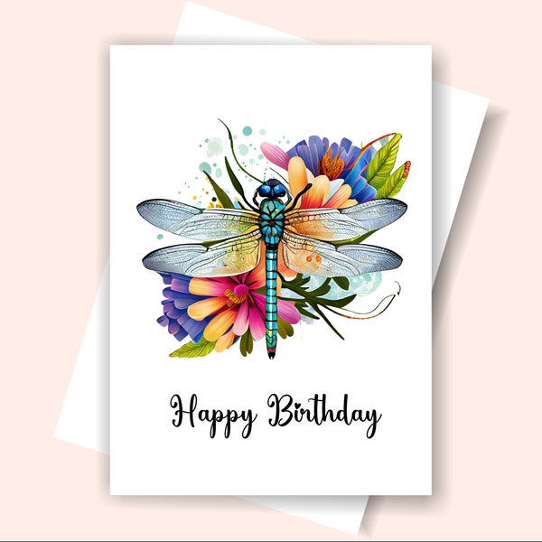 Printable Dragonfly Card, Watercolor Birthday Dragonfly Card, Folded Dragonfly Birthday Card