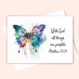 Printable Watercolor Butterfly Card, Watercolor Butterfly Card With Scripture Verse, With God All Things Are Possible Card