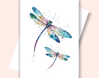 Biglietto libellula stampabile, biglietto libellule acquerello, biglietto piegato libellula colorata, 2 misure, interno vuoto