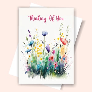 Carte imprimable « Thinking of you » avec des fleurs, carte imprimable « Thinking of you » aquarelle pliée avec fleurs, carte aquarelle juste parce que