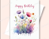 Watercolor Flower Birthday Card, Happy Birthday (Digital Download)