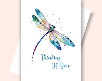 Printable Dragonfly Card, Watercolor Dragonfly Card, Colorful Dragonfly Folded Card, Thinking Of You Card