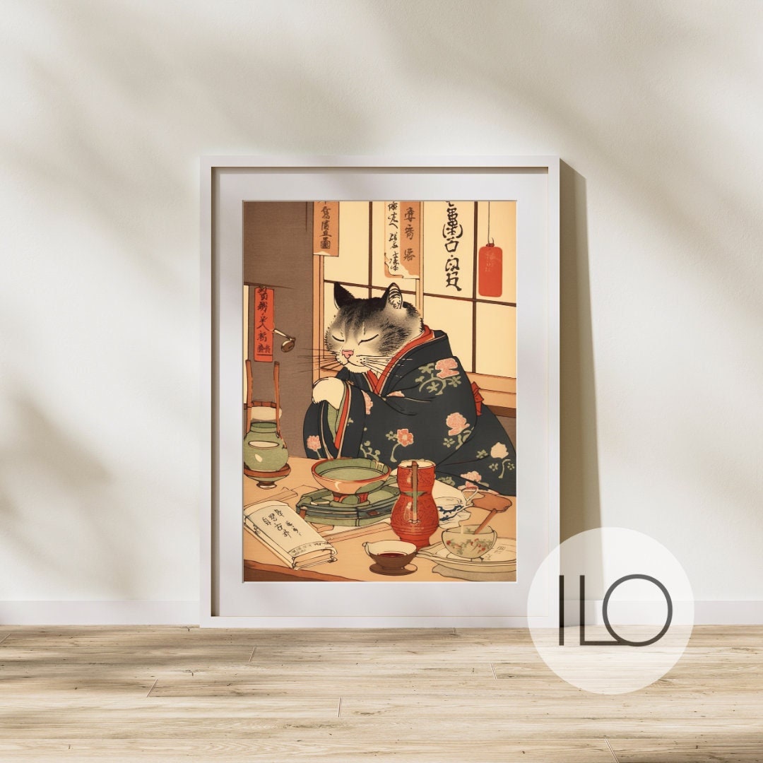 Ukiyo-e Japanese Cat Wall Arts Funny Vintage Fine Art Cat - Etsy