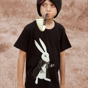Victorian rabbit is printed on a black 100% cotton T-shirt, High-quality DTG print