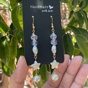 Cielo Earrings, Pink Cielo Earrings, glass beads, dangle drop earrings, elegant, star, faux pearl, Blue and Pink