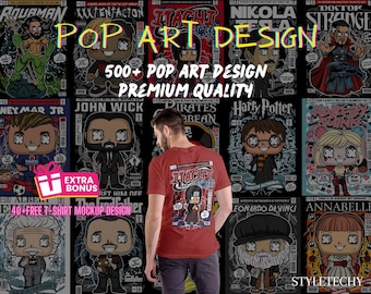 500+ Pop Art T-shirt Design Bundle, Famous Celebrities Clipart Design Bundle, Funko Pop art, Urban Clothing SVG bundle. Funky Design Bundle