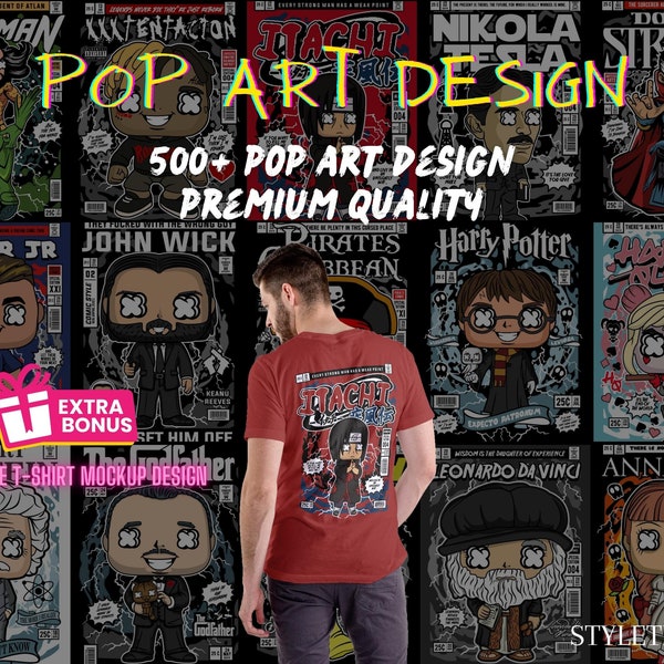 Paquete de más de 500 diseños de camisetas de arte pop, paquete de diseño de imágenes prediseñadas de celebridades famosas, arte funko pop, paquete SVG de ropa urbana. Paquete de diseño moderno