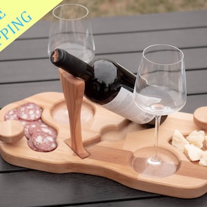 Elegant Sommelier Wine Board Personalized Beechwood Appetizer Platter with Wine Holder, serving board, appetizers, wedding gift, romantic image 1