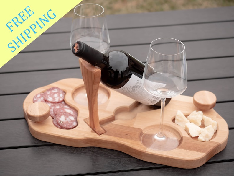 Elegant Sommelier Wine Board Personalized Beechwood Appetizer Platter with Wine Holder, serving board, appetizers, wedding gift, romantic image 1