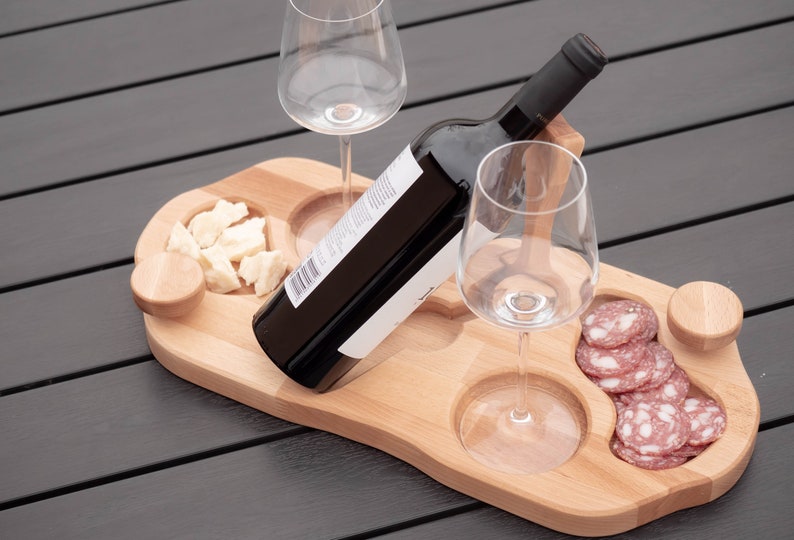 Elegant Sommelier Wine Board Personalized Beechwood Appetizer Platter with Wine Holder, serving board, appetizers, wedding gift, romantic image 4