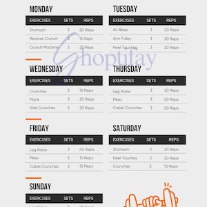 Peut inclure: Un plan d'entraînement avec un fond noir et du texte blanc. Le plan est divisé en jours de la semaine, énumérant les exercices, les séries et les répétitions pour chaque jour. Un graphique de haltère orange est dans le coin inférieur droit.