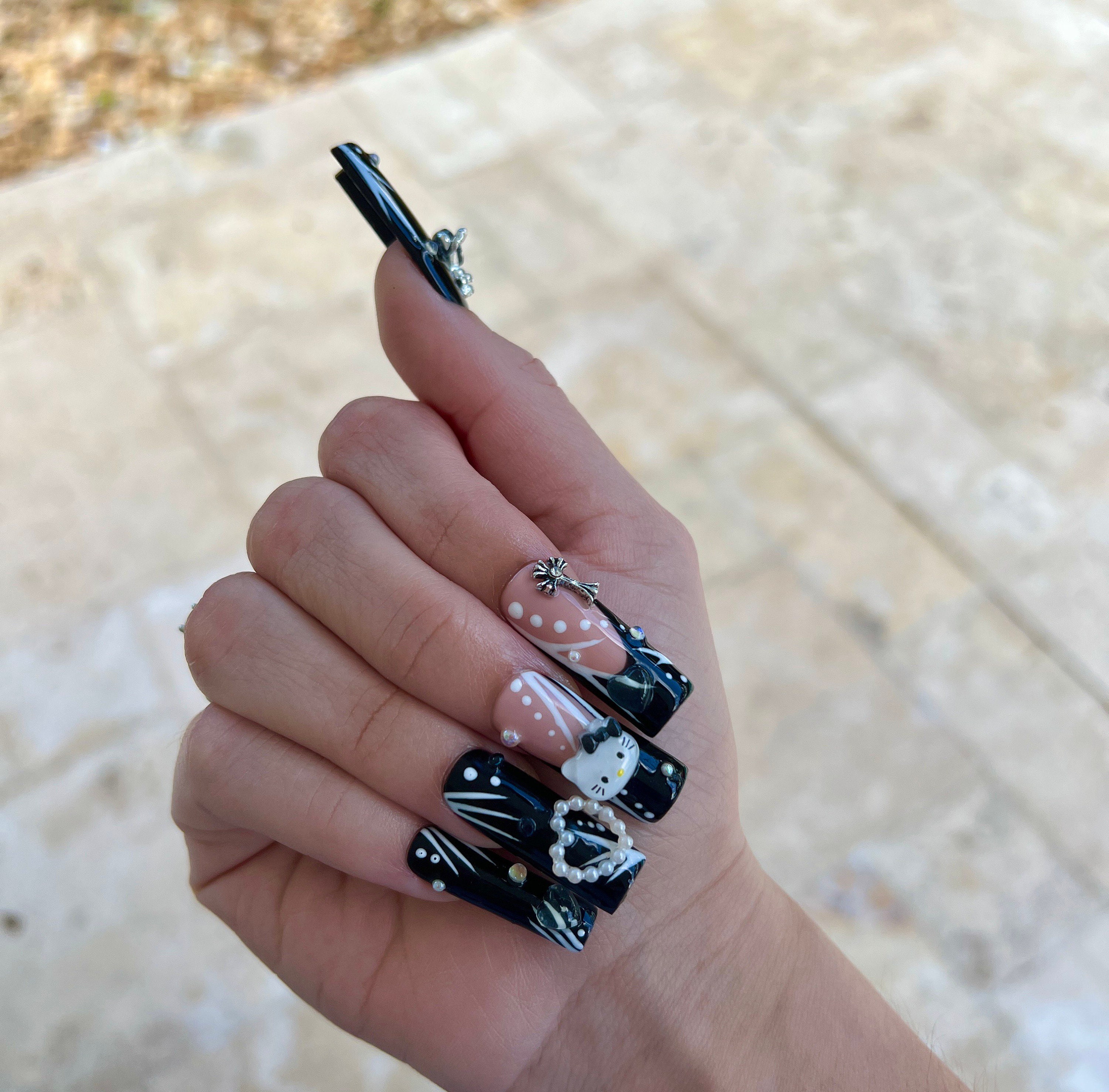 Hello Kitty Junk Charm Nails Using Enail Couture XXL Square Nail
