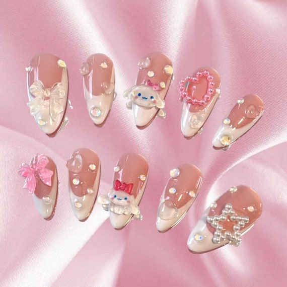 Sanrio Cinnamoroll Pink and White Coquette French Tip Press on Nails With  Charms 